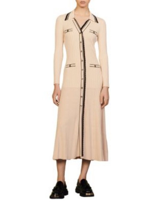 Sandro Dresses & Skirts - Sandro Alexandrine ribbed knitted button-front midi dress in beige